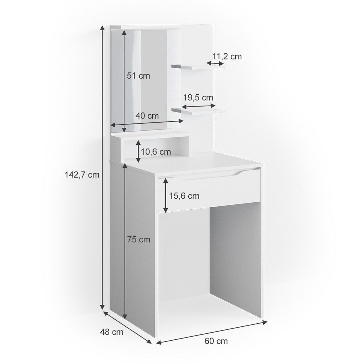 SCHMINKTISCH Ruben Weiß 60 cm - Weiß, Holzwerkstoff (60/142.7/48cm) - Vicco