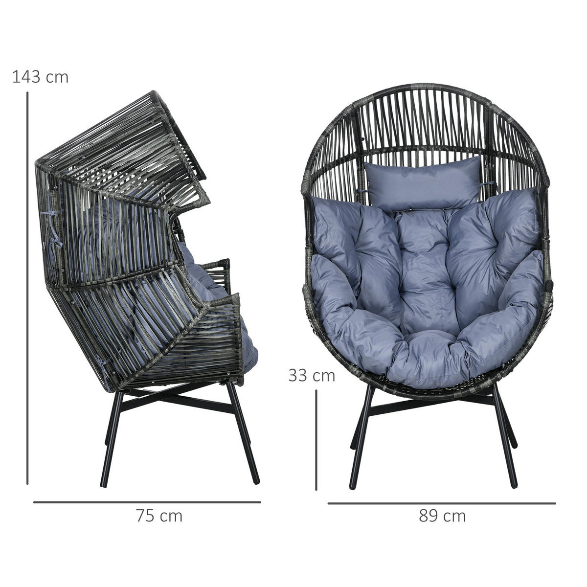 RATTANSESSEL DE-06721 Outdoor-Sessel, PE-Rattan, mit Kissen Grau/Schwarz - Grau, Kunststoff/Metall (75/143/89cm) - ComfortXL