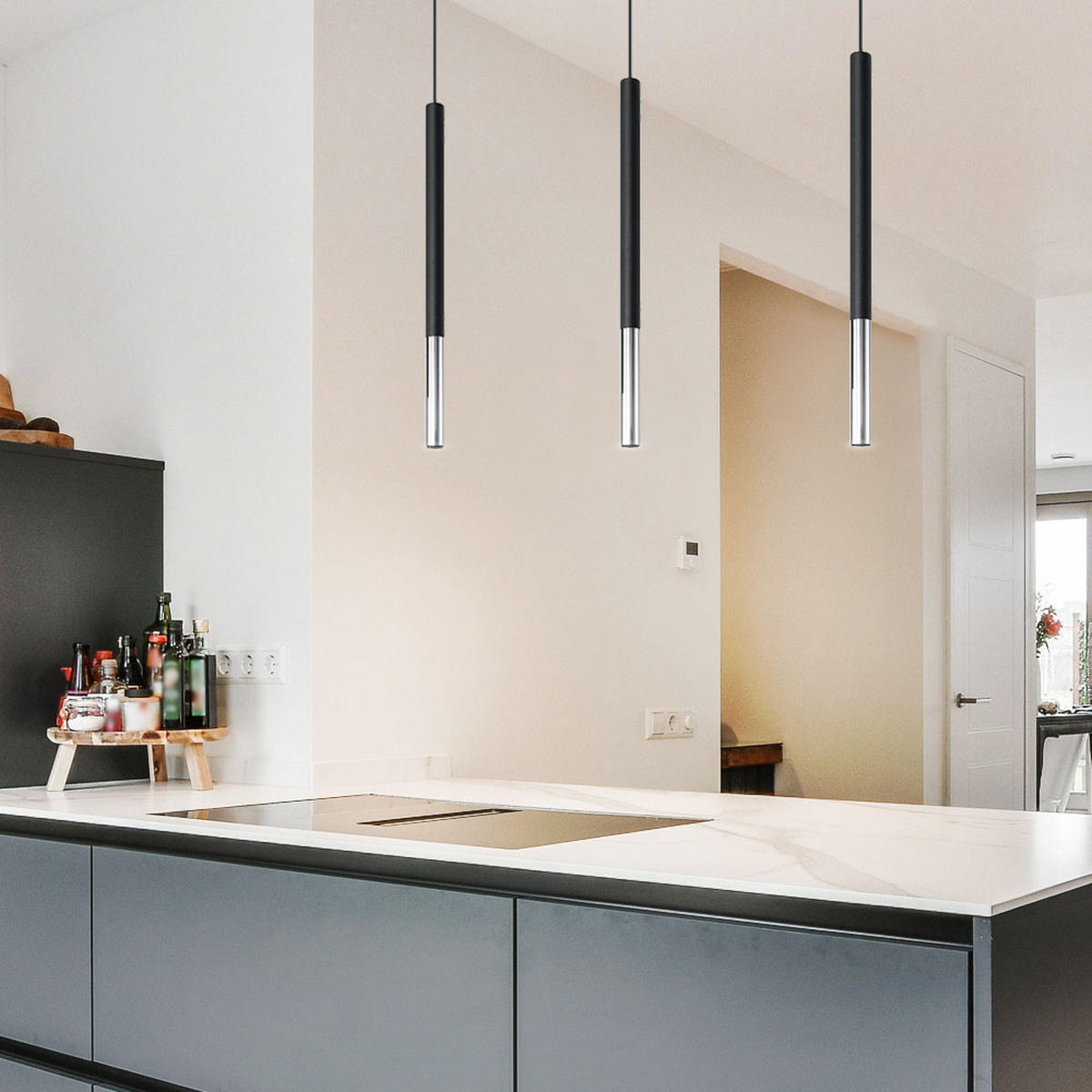 PENDELLEUCHTE Stahl Schwarz-Chrom 3-flammig - Schwarz, Metall (30/8/110cm)