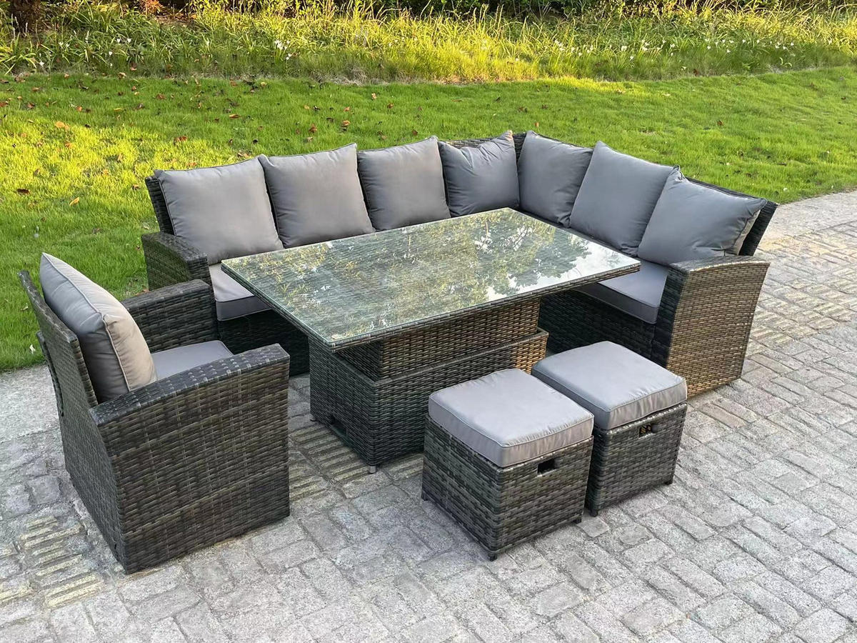 GARTENTISCHGRUPPE Rechte Ecke Polyrattan Dunkelgrau 9-Sitzer - Dunkelgrau/Grau, Glas/Kunststoff - Fimous