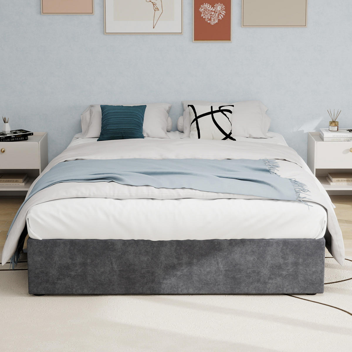 POLSTERBETT 160/200 cm grau aus Stoff und Metall mit Lattenrost - Grau, Textil (160/200cm) - OKWISH