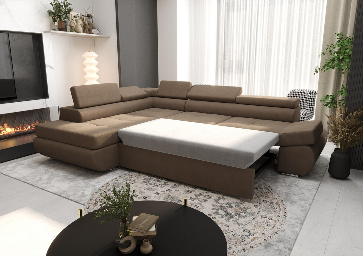 ECKSOFA KONGO RBN03, Eckcouch in L-Form mit Schlaffunktion, Farbe: Schwarz, Kunstleder, Ottomane Links - Schwarz, Textil (280/200cm) - O-Sofa