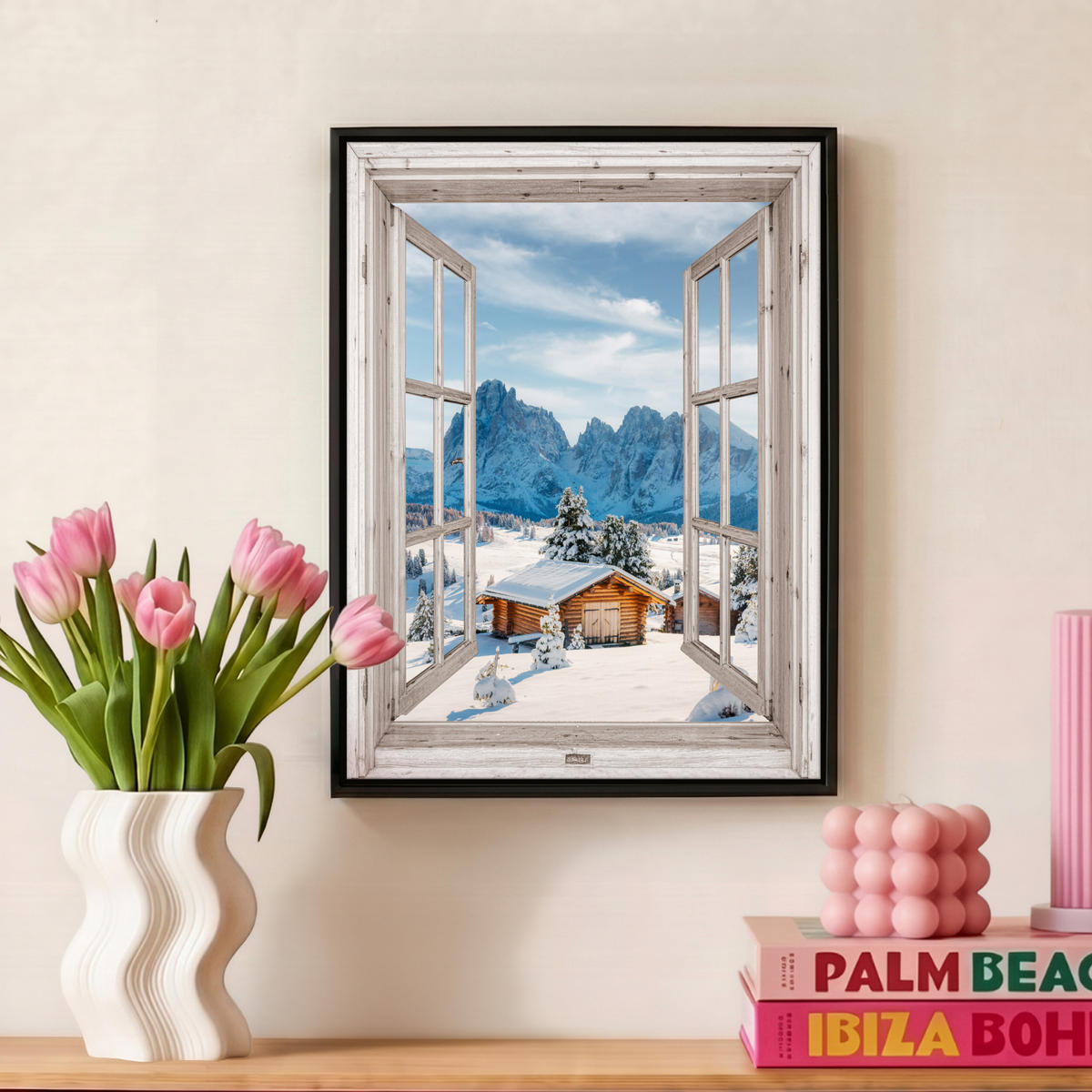 LEINWAND Bilder mit Rahmen - Winterlandschaft - Hütte - Berge - Ausblicke - Aussicht - Natur - 30x40 - Weiß Hochglanz, Textil (30/40cm) - MuchoWow