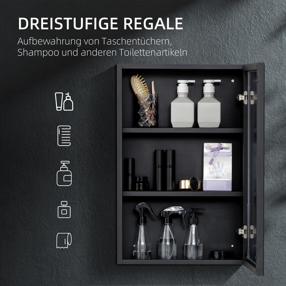 SPIEGELSCHRANK mit 3 Etagen, für Schlafzimmer, Schwarz, 40 x 12 x 60 cm - Schwarz, Glas (12/60/40cm) - Kleankin