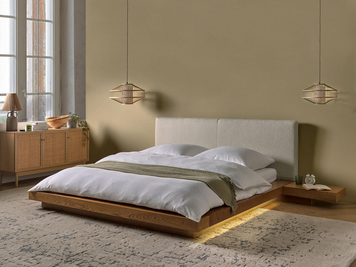 BETT mit LED 160/200 cm MDF-Platte Hellbraun Zen - Hellbraun, Holz (160/200cm) - Beliani