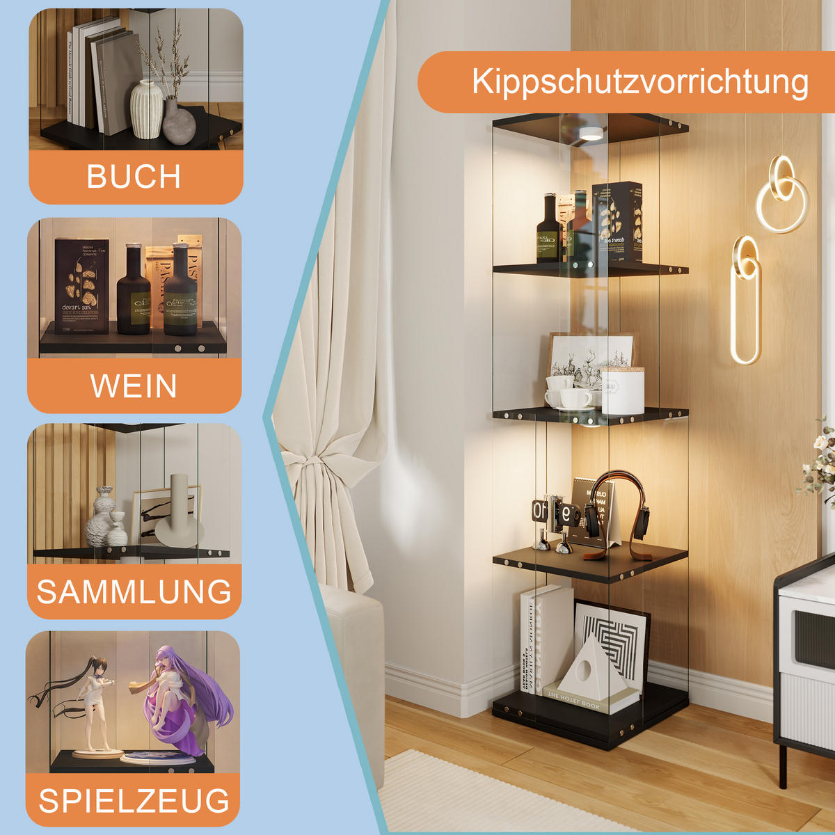 GLASVITRINE mit 4 Einlegeböden, 360-Grad-Drehbasis, Berührungs-LED, in Schwarz - Schwarz, Glas (38/160/38cm) - BRILVERDE