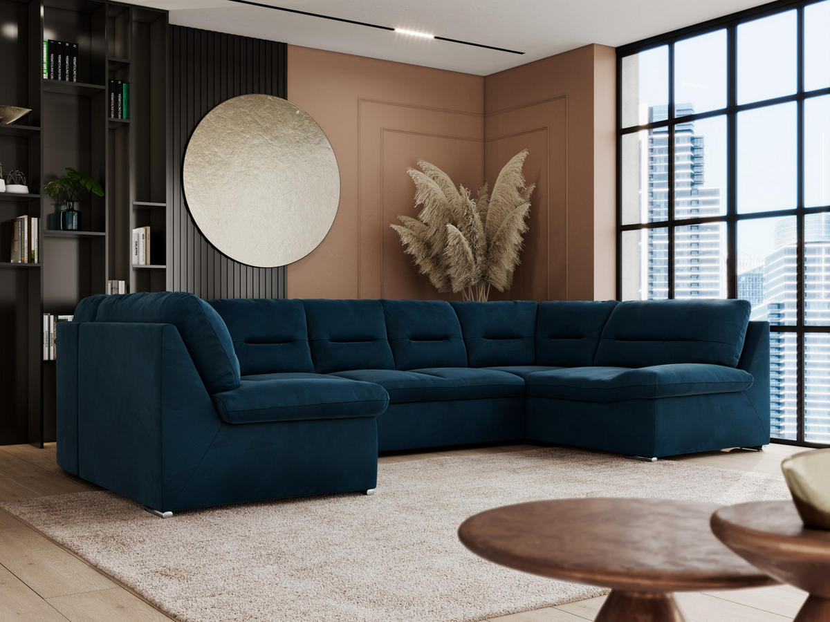 WOHNLANDSCHAFT COMODO U Dunkelblau Velvet - Silberfarben/Dunkelblau, Textil/Metall (340/93/206cm) - MKS