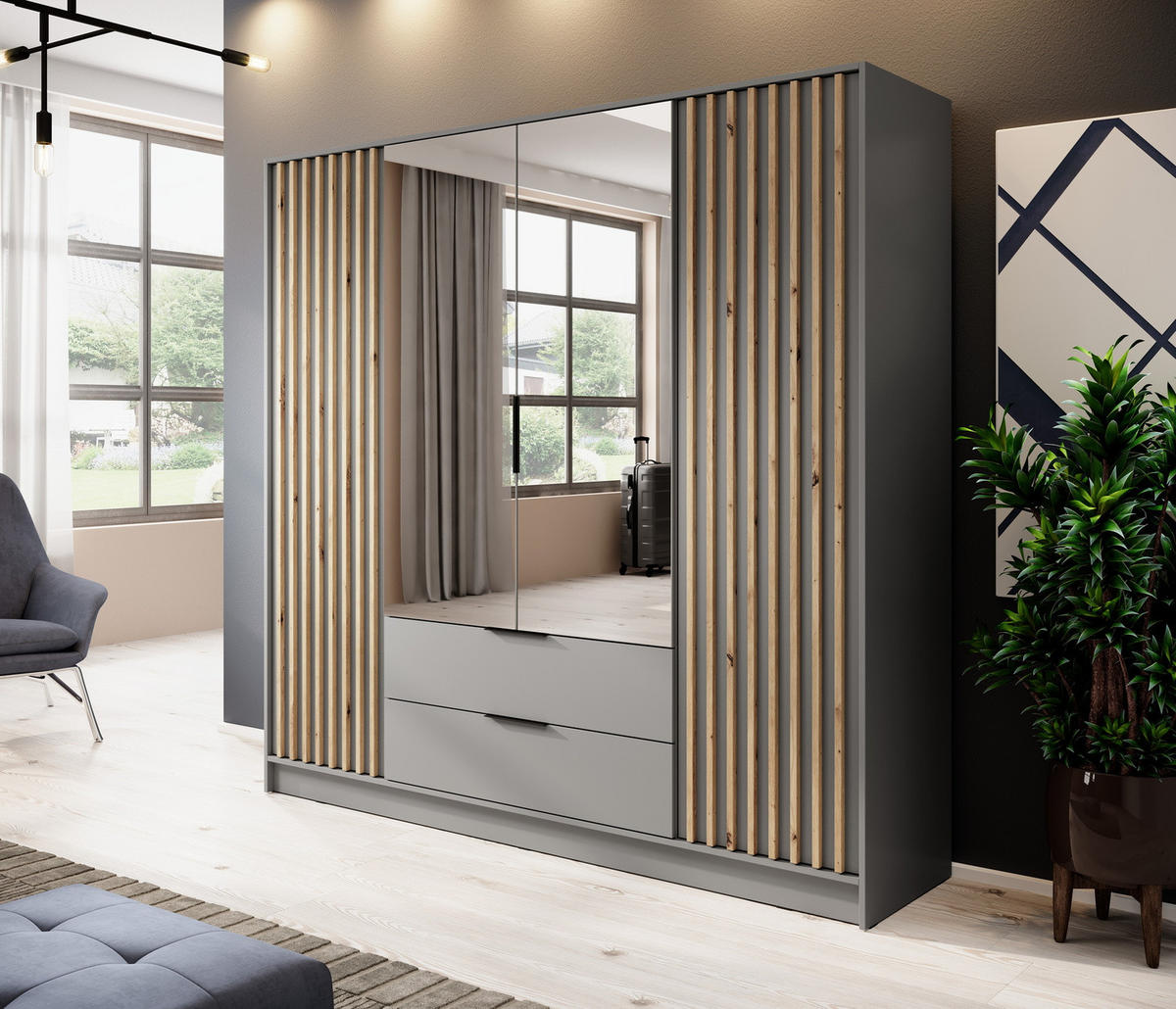 SCHRANK mit Spiegel 200 cm Fioro - 4 Türen, Lamellen, Schubladen, Grau - Grau, Holz (205/200/51cm) - Emporius