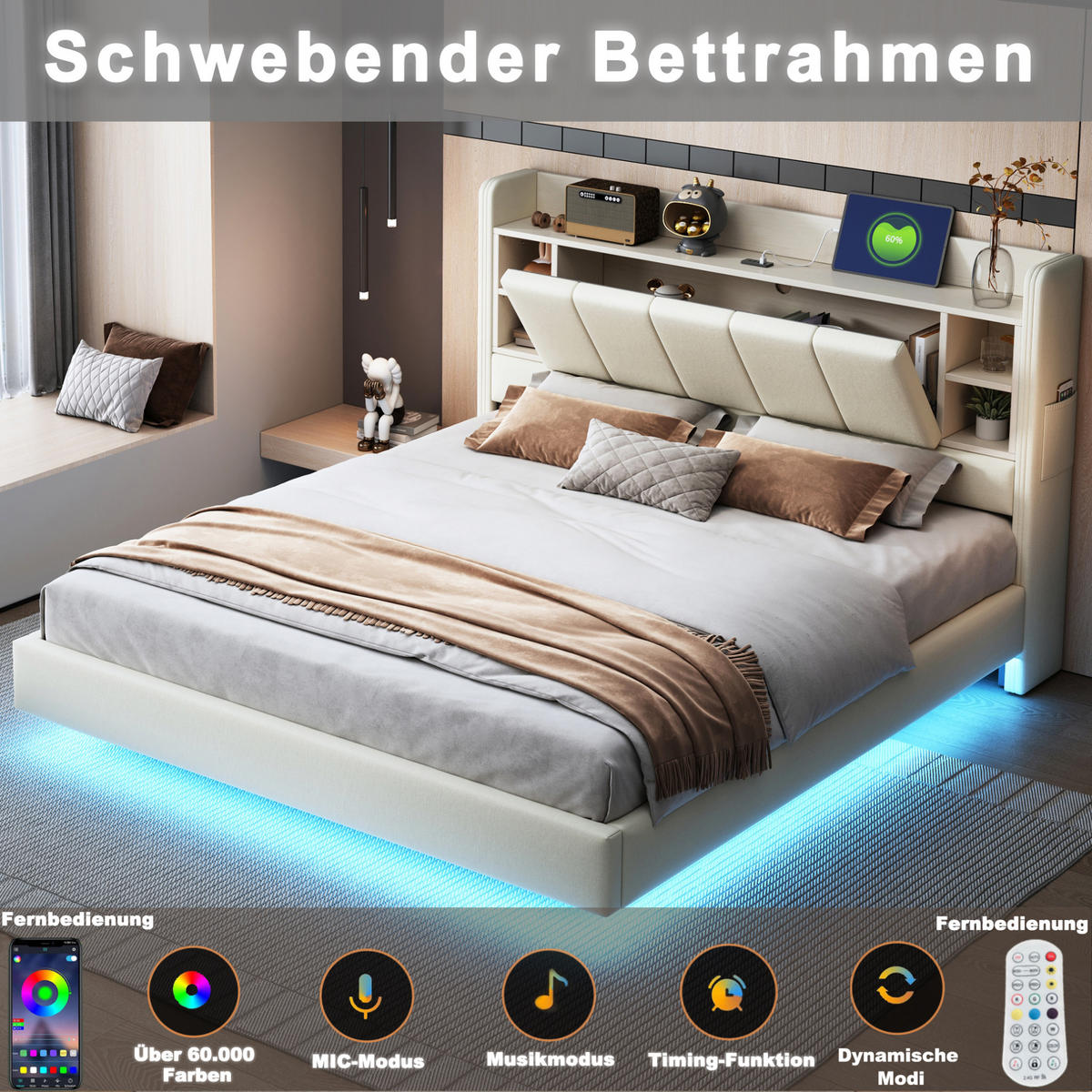 POLSTERBETT aus Leinenstoff 160x200 cm Beige mit LED-Lichtleiste, USB-Anschluss und Stauraum - Beige, Textil (160/200cm) - IVMEU
