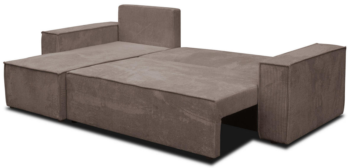 ECKSOFA Hugo L in L-Form mit Schlaffunktion und Bettkasten, Farbe: Hellbraun, Cordstoff, Ottomane Unsiversal - Hellbraun, Textil (244/145cm) - VENASI MÖBEL