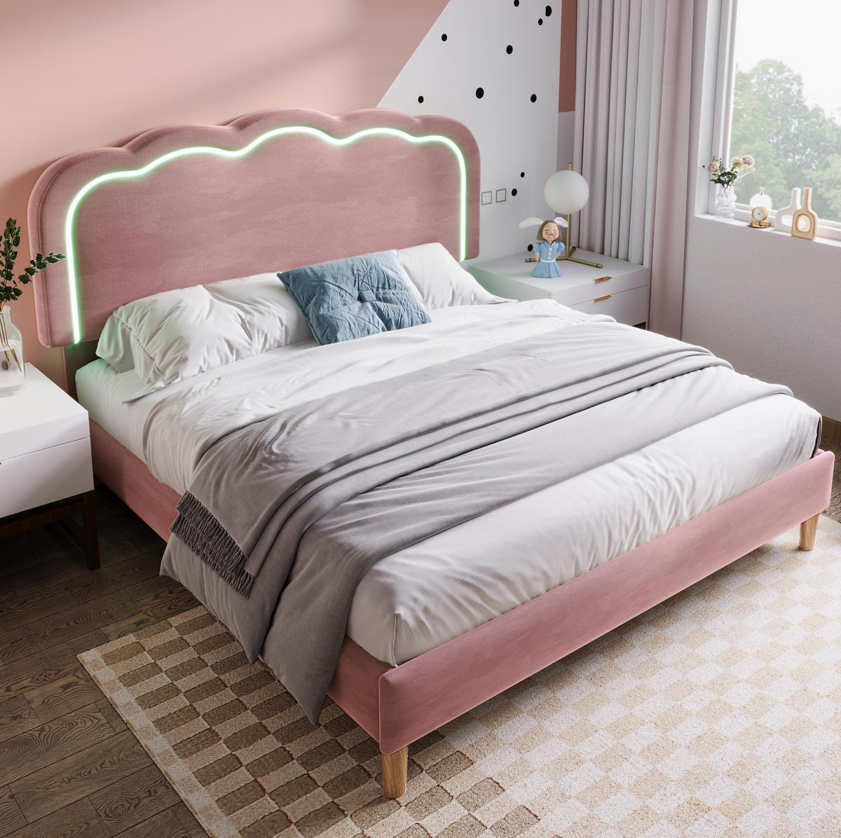 POLSTERBETT mit LED-Kopfteil 140x200 cm Samt Pink - Pink, Metall (140/200cm) - Meubliv
