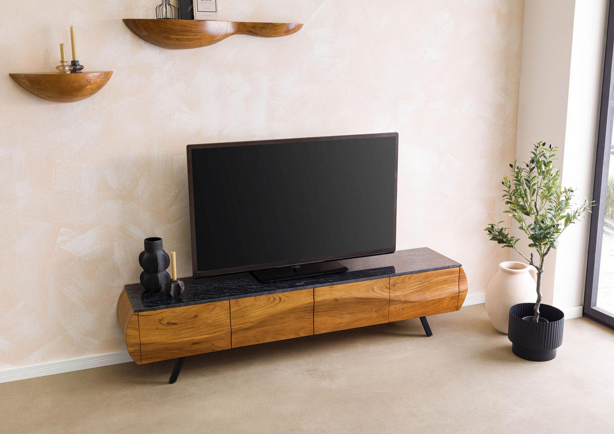 TV-BOARD Akazie 204x40x45 natur lackiert / Marmor schwarz MONTREAL #123 - Naturfarben, Holz (204/45/40cm) - Massivmoebel24