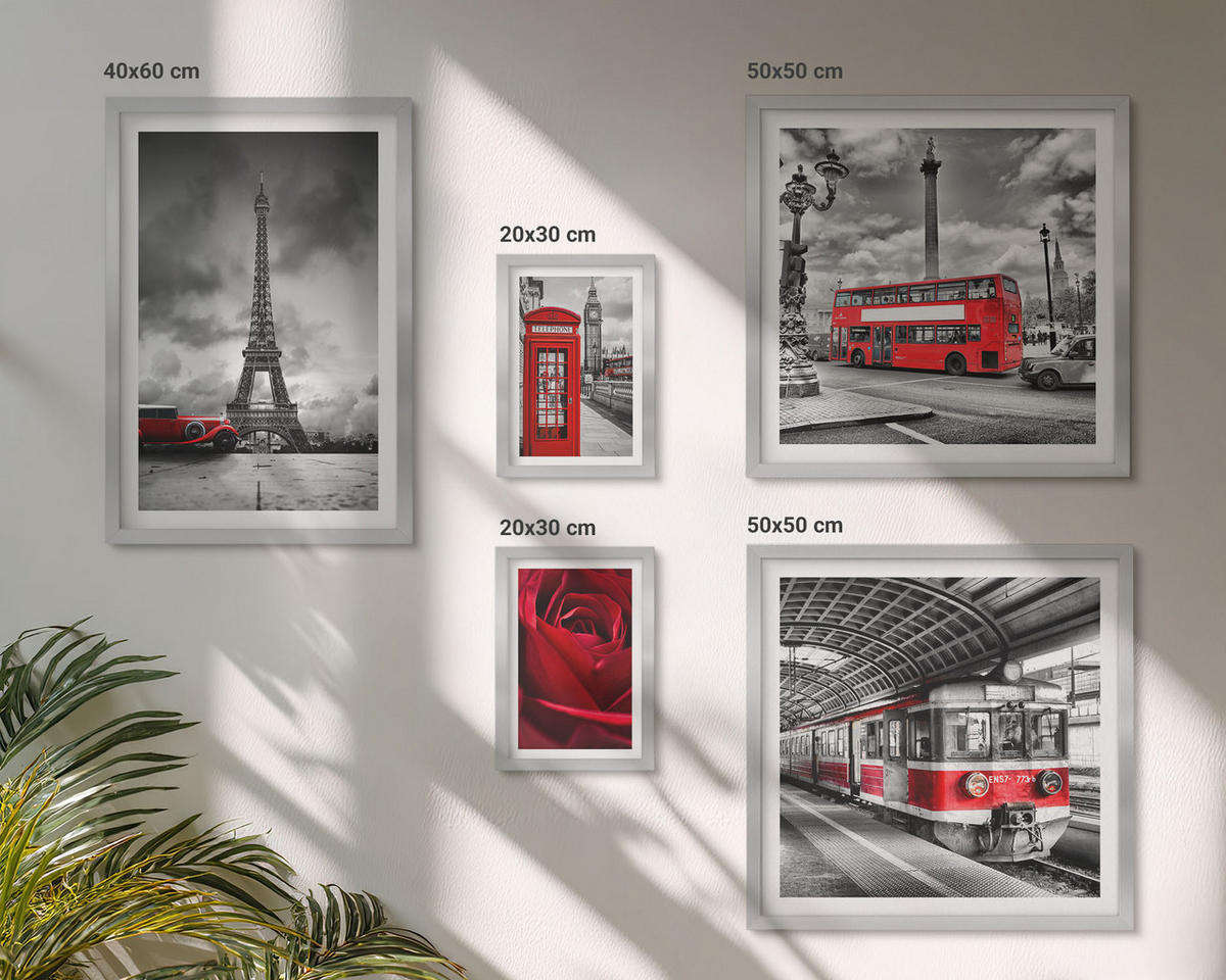 WANDBILDER 5er Set - 50x50 cm & 20x30 cm & 40x60 cm Silberner Rahmen - Ikonische Städte London Paris Eisenbahn - Silberfarben, Kunststoff (40/60cm) - ArtPrintCave