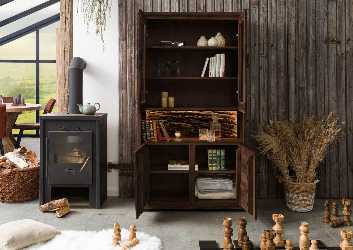 VITRINE Akazie 98x40x180 dunkelbraun lackiert BARK #209 - Dunkelbraun, Holz (98/180/40cm) - Massivmoebel24
