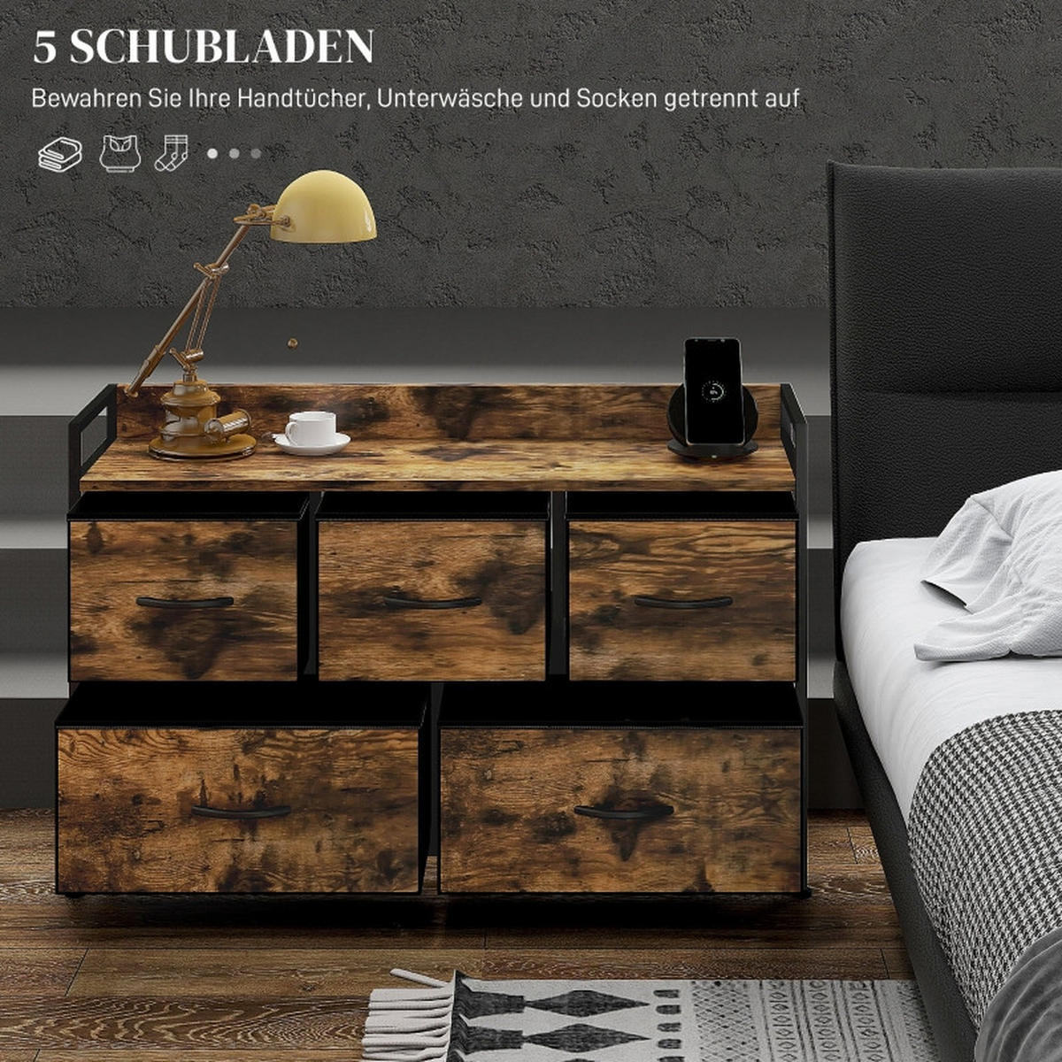 KOMMODE mit 5 Schubladen und verstellbaren Einlegeböden, 98 x 29 x 63 cm, Braun, Polyester - Braun, Textil (98/63/29cm) - SONNENH