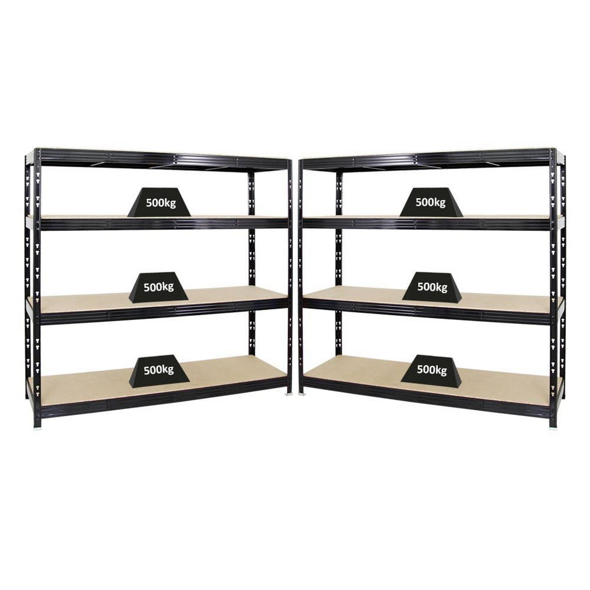 SCHWERLASTREGAL Rhino 2er-Set mit 2x 180x200x60 cm 4 Spanplatten-Ebenen 8mm Fachlast 500 kg Schwarz - Schwarz, Metall (400/180/60cm) - PROREGAL