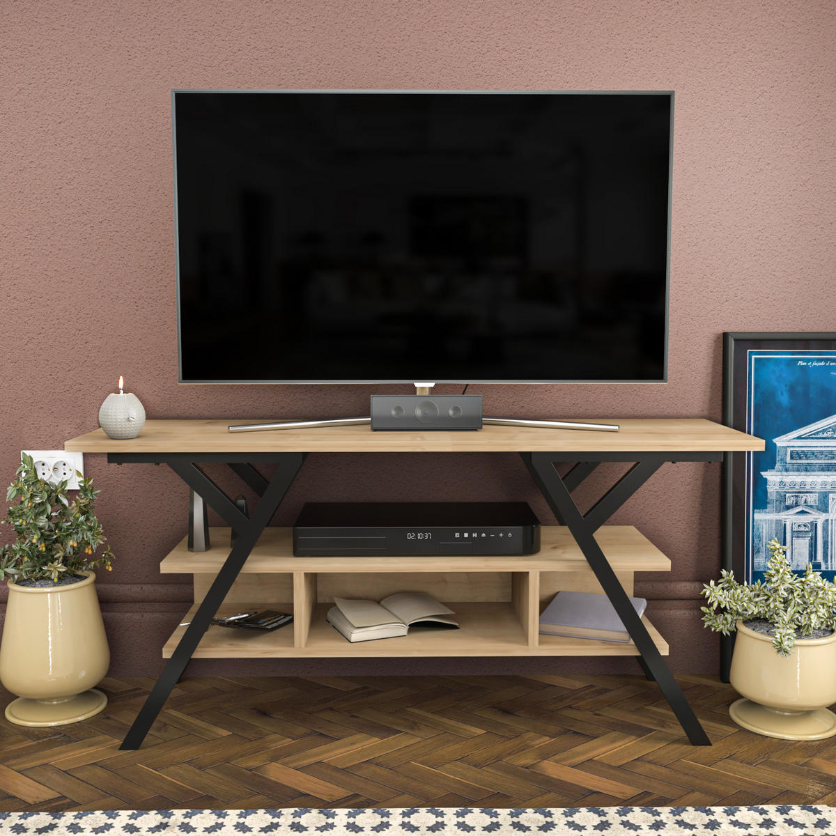 TV Stand Minerva Schwarze Eiche - Eichefarben/Schwarz, Holzwerkstoff (120/55/35cm) - Decorotika