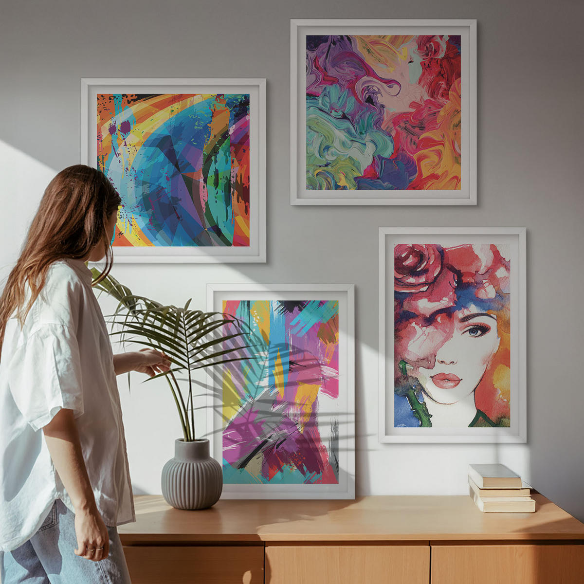 BILDER SET 4er Set - 50x50 cm & 40x60 cm Weißer Rahmen - Farbenfrohes abstraktes Porträt - Weiß, Kunststoff (50/50cm) - TULUP