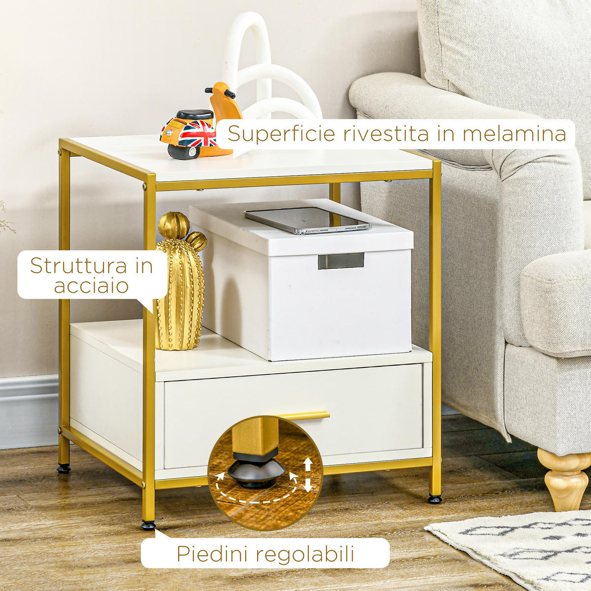 NACHTTISCH Weiß, Gold 1 Stück - Weiß, Kunststoff (40/55/50cm) - GiPP