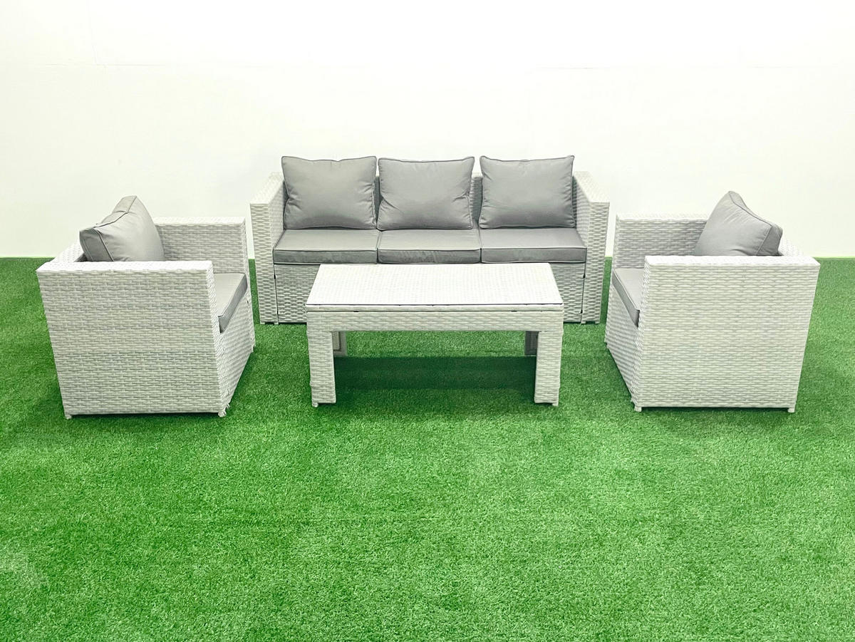 GARTENSET mit 3-SITZER SOFA,COUCHTISCH Polyrattan Hellgrau-Mix 5-Sitzer - Hellgrau/Grau, Glas/Kunststoff - Fimous