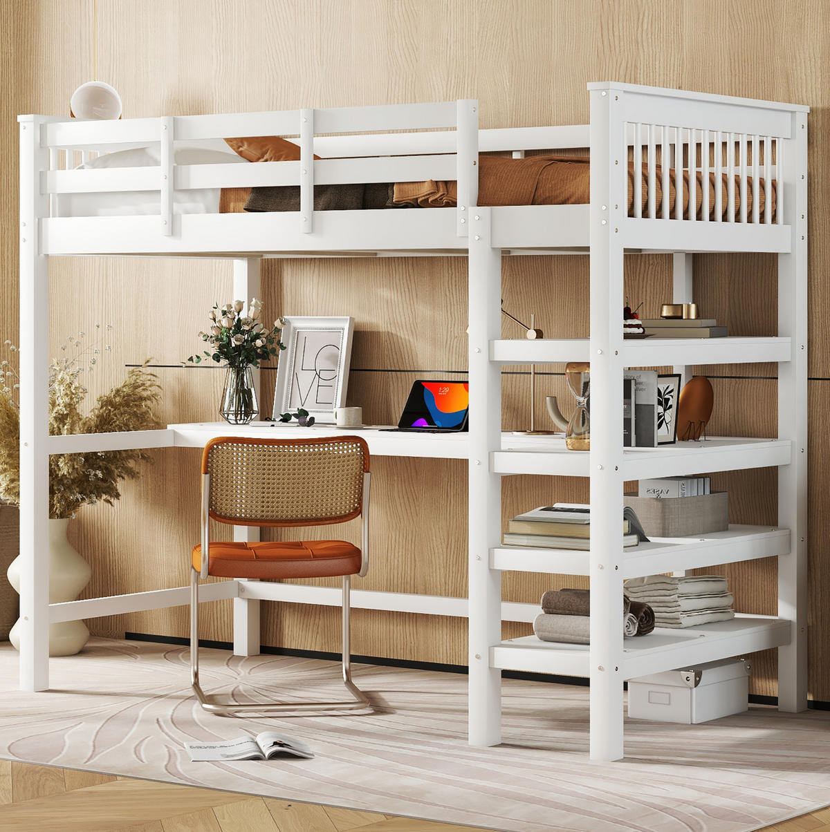 HOCHBETT aus Kiefer und MDF 90x200 cm Weiß mit Schreibtisch, Ablagefächern und Regalleiter - Weiß, Holzwerkstoff (90/200cm) - Modfu