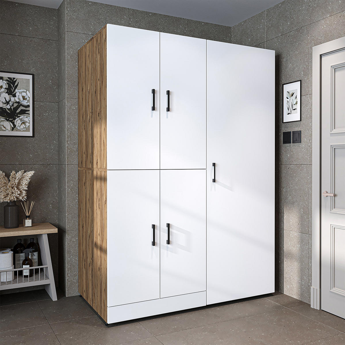 WASCHMASCHINENSCHRANK DORA-I 130cm Breit, 186cm Hoch - Eiche Bianco, Holzwerkstoff (130/186/73.8cm)