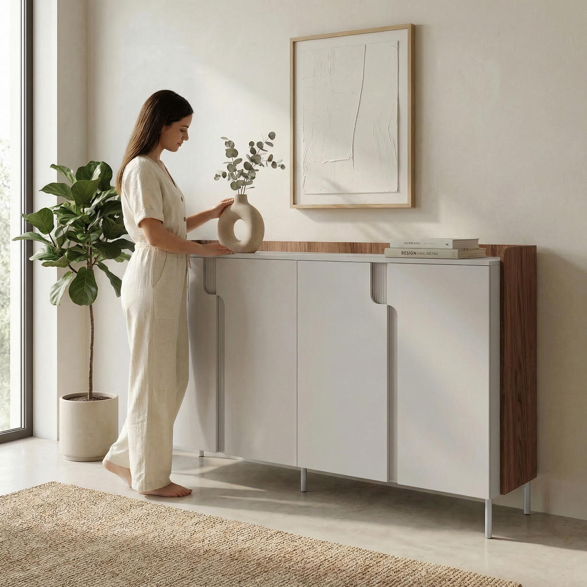 KOMMODE Positivo mit 4 Türen, 180 cm, Alba-Nuss + Kaschmir - Nussbaumfarben, Holzwerkstoff (183/110/42cm) - Beautysofa