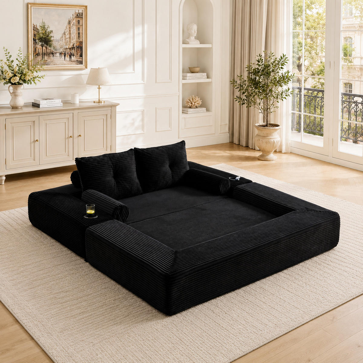 SCHLAFSOFA mit Cordbezug, Federkern, Memory-Kissen und Getränkehalter - Schwarz, Textil (180/80/98cm) - EVRYAE