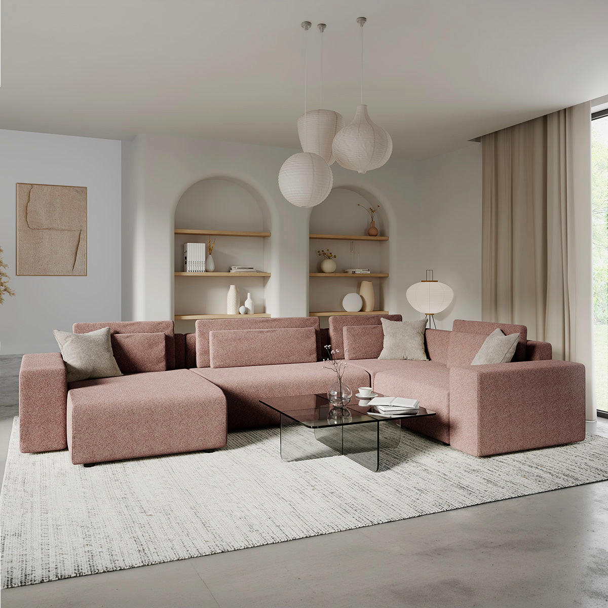 PANORAMASOFA Lorenzo 5 Sitzplätze Rosa - Pink, Holz (378/85/236cm) - Petits-meubles