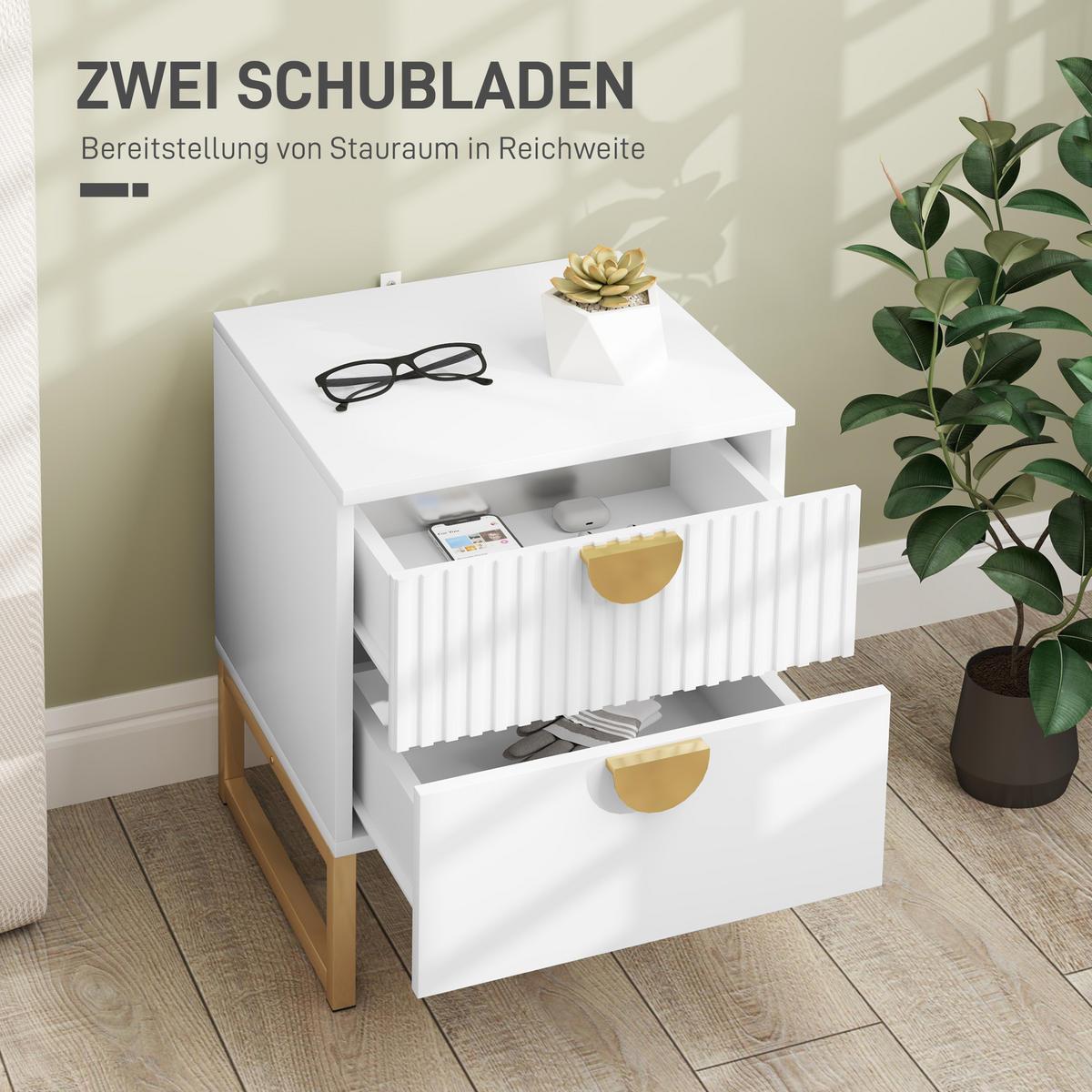 NACHTTISCH mit 2 Schubladen, 40 x 40 x 50 cm, Weiß - Weiß, Holzwerkstoff (40/50/40cm) - HOMCOM