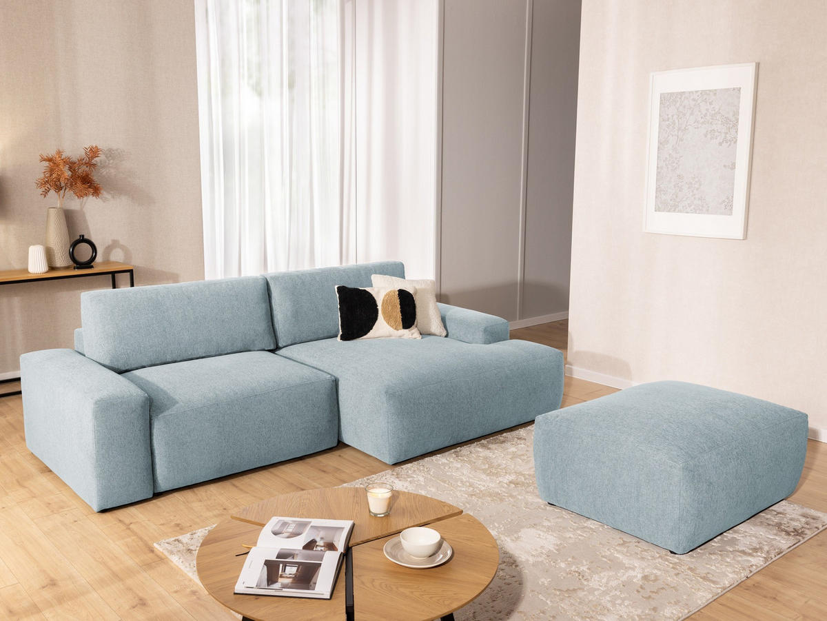 ECKSOFA inkl. Hocker Lennon aus Hellblau Strukturstoff mit Schlaffunktion und Bettkasten - Schwarz/Hellblau, Holz/Kunststoff (264/137cm) - S-Style