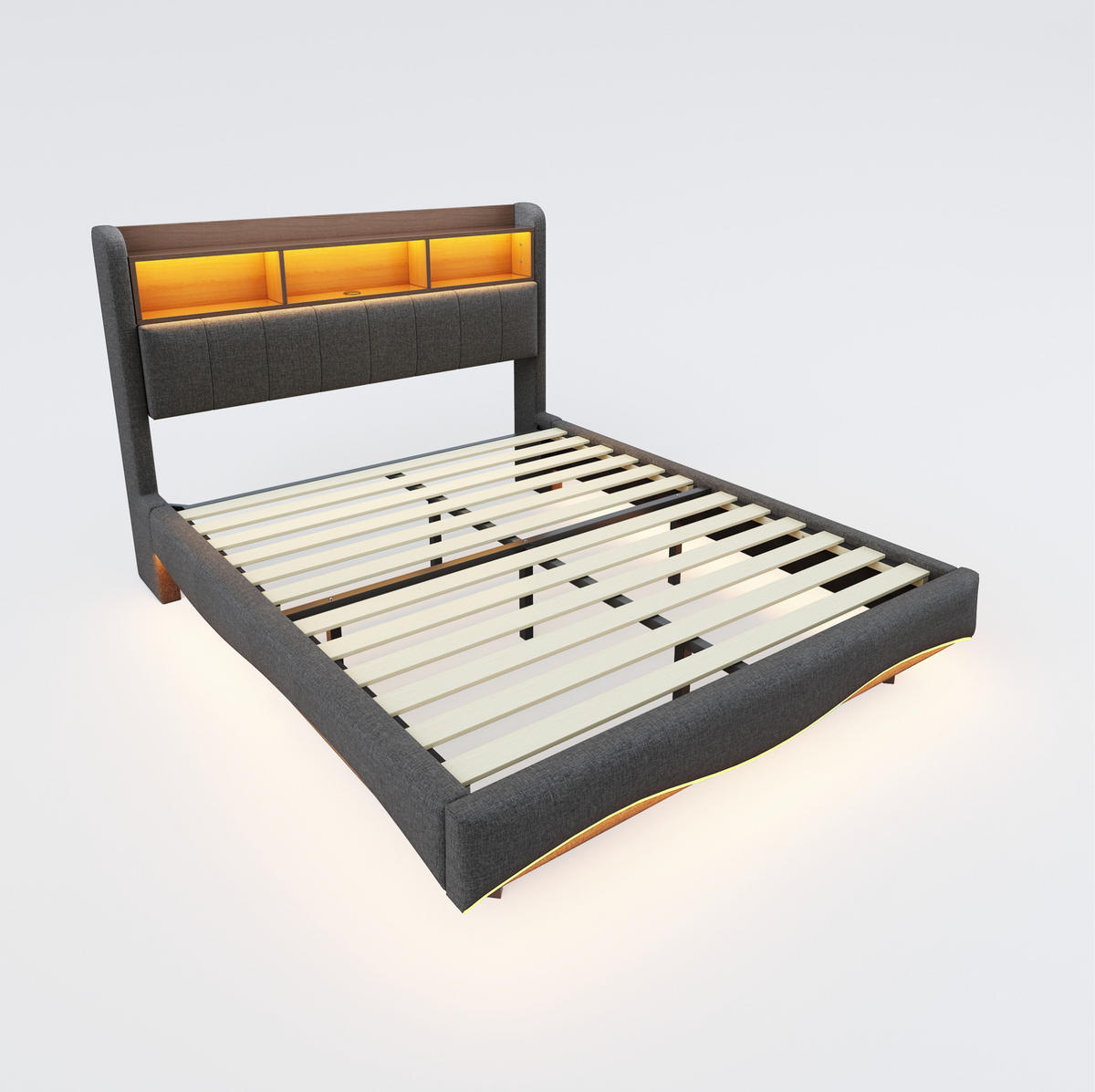 TAPECIRANI krevet 160/200 cm sivi od tkanine s LED rasvjetom, USB i Type-C priključcima - siva, tekstil (160/200cm) - OKWISH