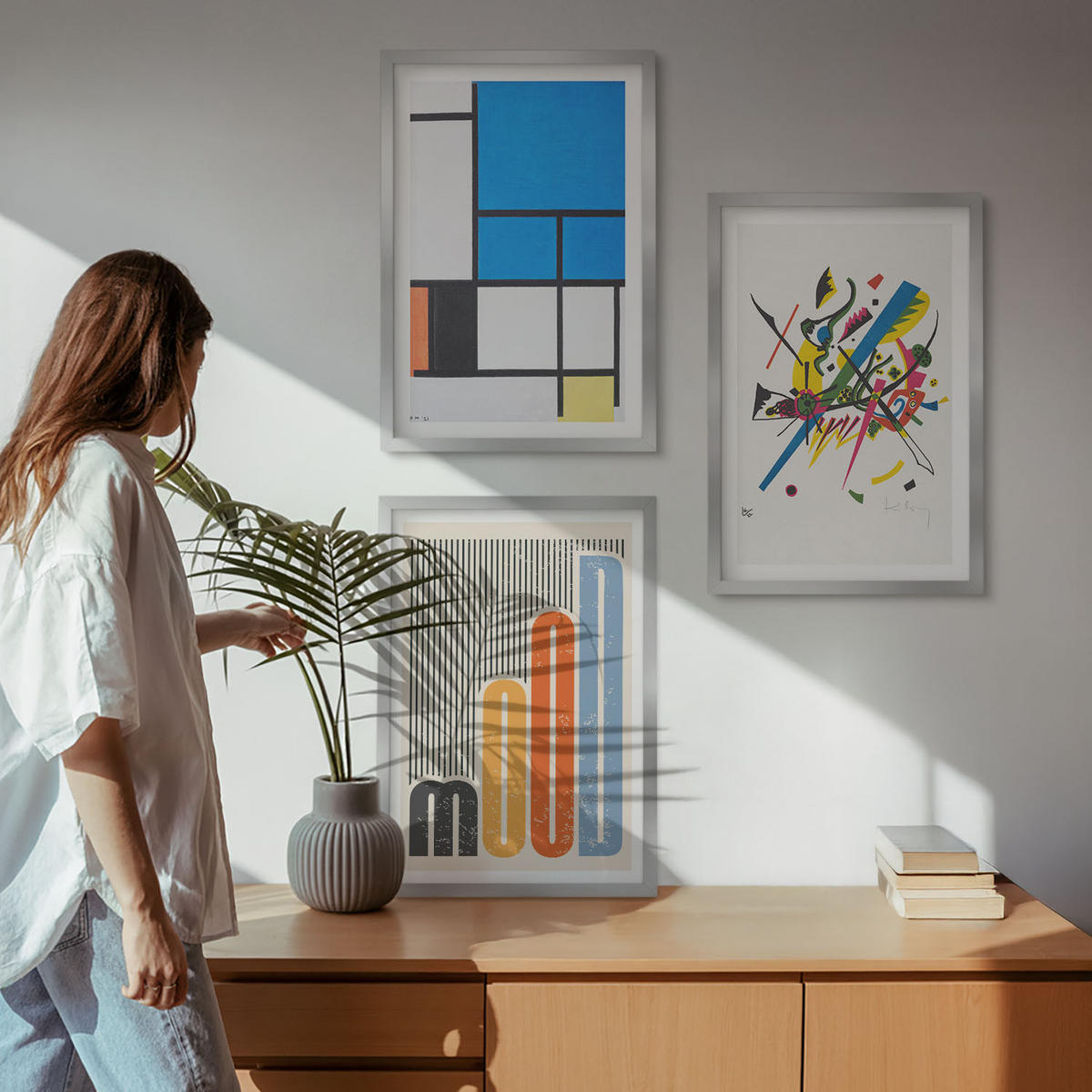BILDER SET 3er Set - 40x60 cm Silberner Rahmen - Abstrakte moderne Geometrie - Silberfarben, Kunststoff (40/60cm) - TULUP