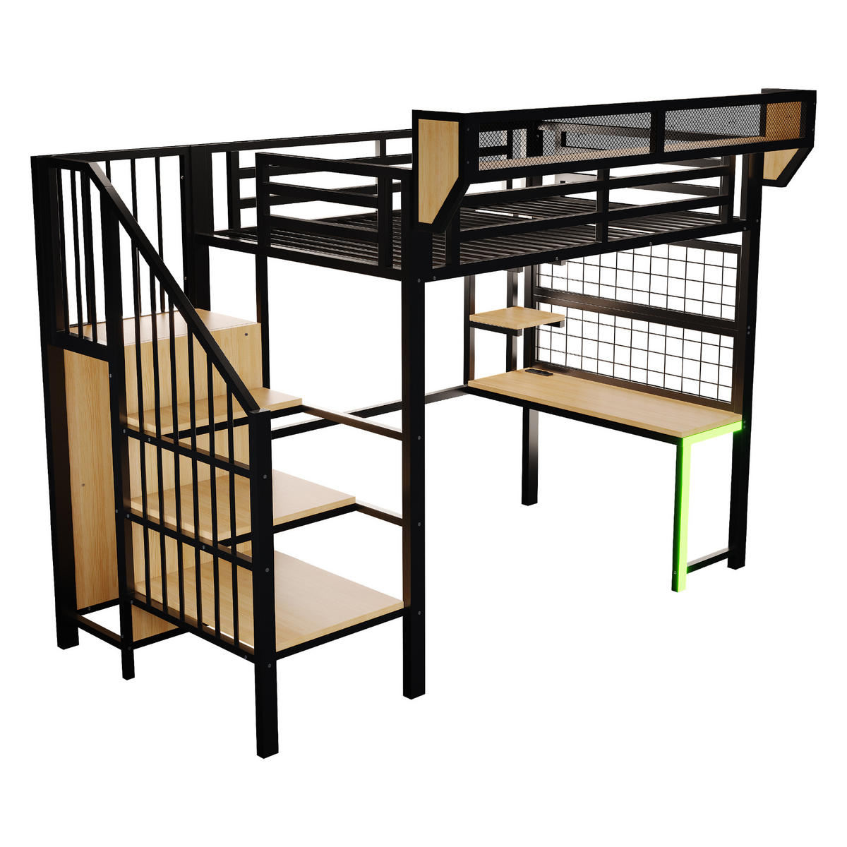 HOCHBETT 90/200 cm in Schwarz mit Schreibtisch, Regal, LED und Steckdose - Schwarz, Holzwerkstoff/Metall (90/200cm) - STILVORA