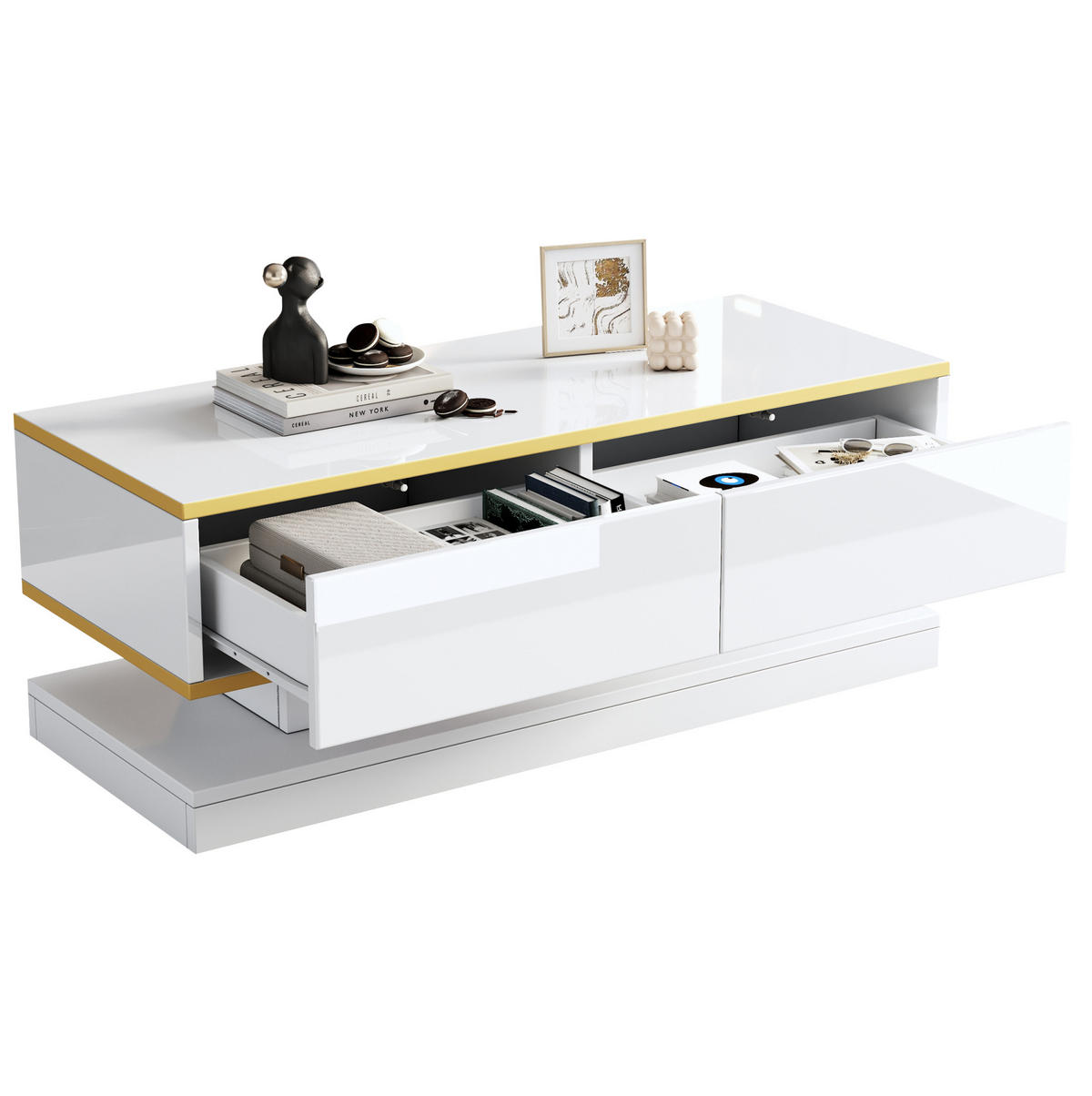 TV-SCHRANK- und Couchtisch-Set aus Spanplatte 200x40x40 cm & 100x50x38 cm Warmweiß mit Schubladen und Hochglanzoberfläche - Weiß, Holzwerkstoff (200/40/40cm) - Modfu