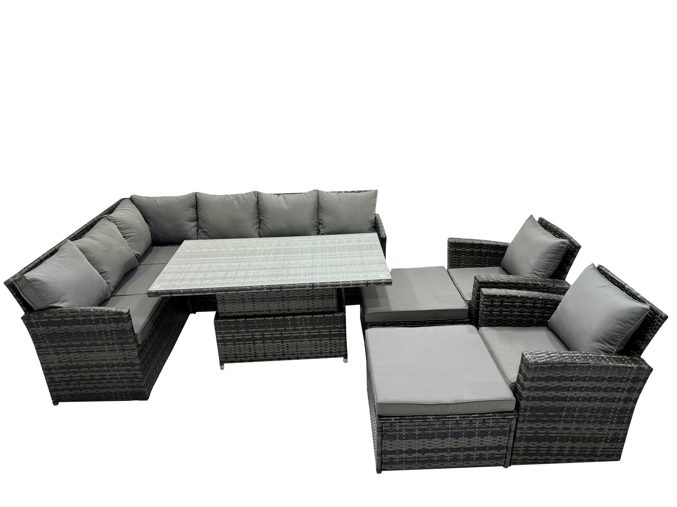 GARTENSET mit Höhenverstellbarer Tisch, 2 Fußhocker, 2 Stuhl Polyrattan Dunkelgrau 10-Sitzer - Dunkelgrau/Grau, Glas/Kunststoff - Fimous