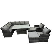 GARTENSET mit Höhenverstellbarer Tisch, 2 Fußhocker, 2 Stuhl Polyrattan Dunkelgrau 10-Sitzer - Dunkelgrau/Grau, Glas/Kunststoff - Fimous