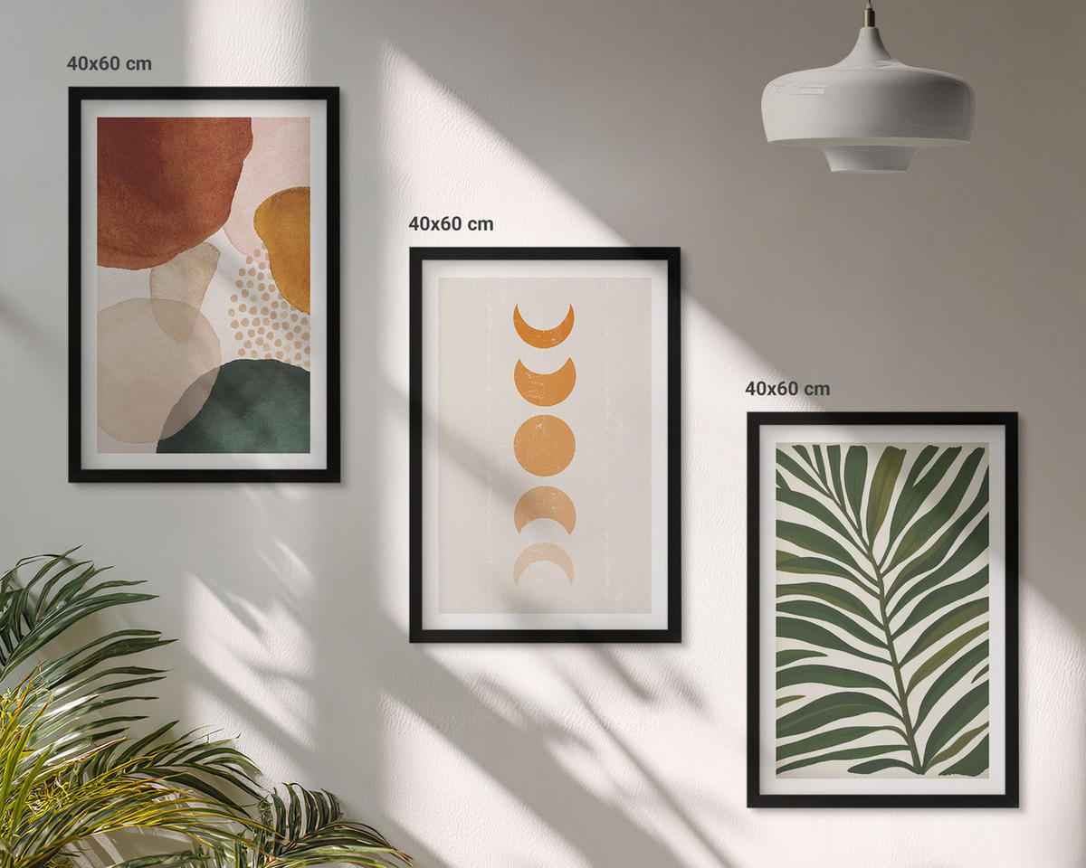 BILDER SET 3er Set - 40x60 cm Schwarzer Rahmen - Abstrakte Blattformen - Schwarz, Kunststoff (40/60cm) - TULUP