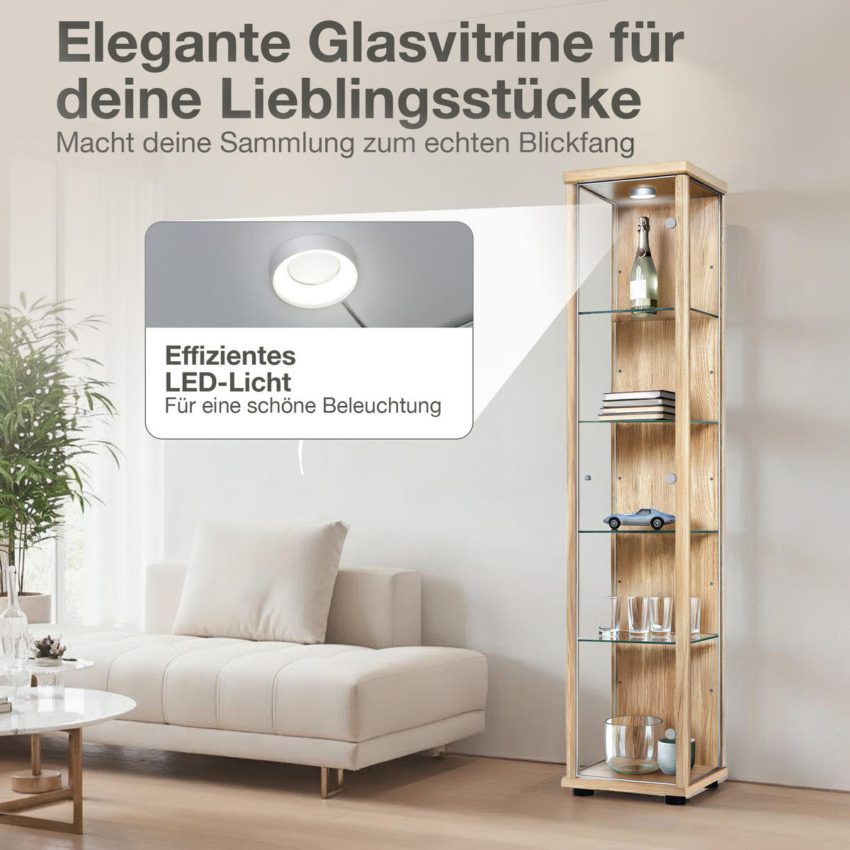 GLASVITRINE 33/37/176 cm mit LED & 4 höhenverstellbaren Glasböden - Transparent/Silberfarben, Glas/Holzwerkstoff (37/176/33cm) - K-Möbel