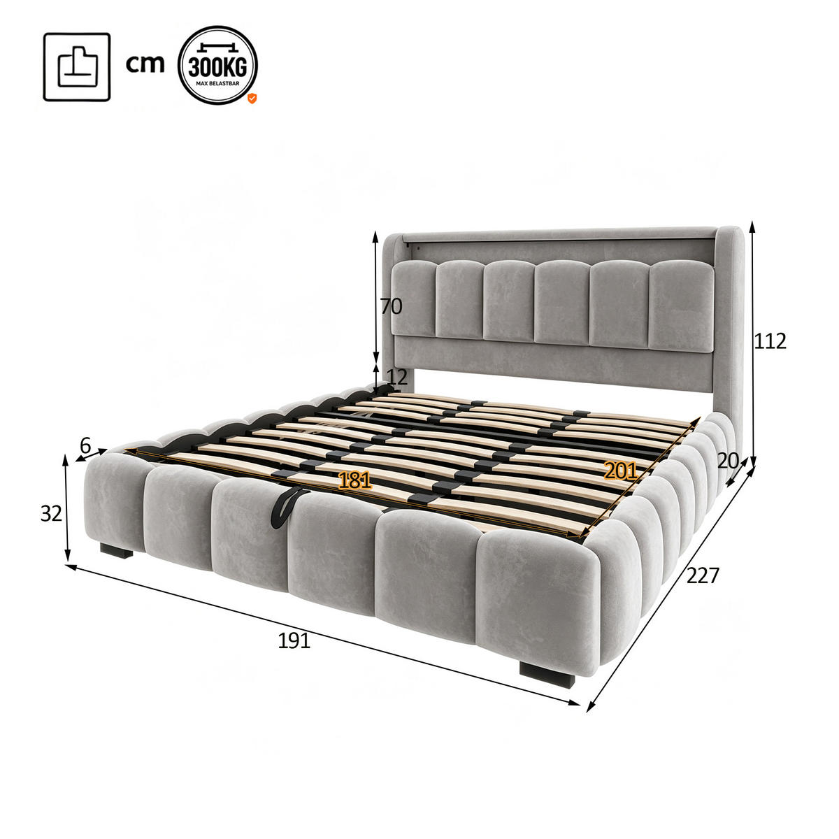BOXBETT 180/200 mit LED/USB-C, Samt, Grau - Grau, Holz (180/200cm) - LVHOM