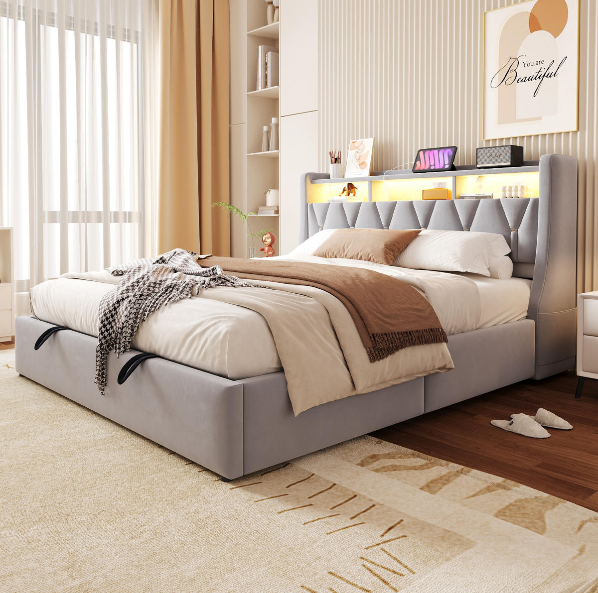 POLSTERBETT mit Stauraum 180x200 cm Samt Light Gray - Hellgrau, Metall (180/200cm) - Meubliv