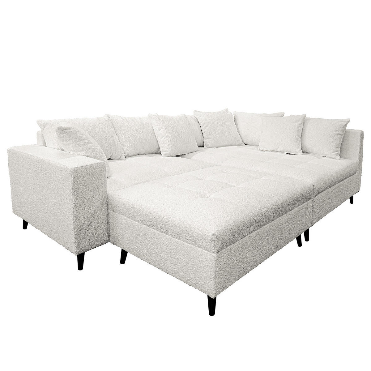 ECKSOFA mit Ottomane und Hocker - Hellgrau/Schwarz, Birkenholz/Textil (247/174cm) - home24