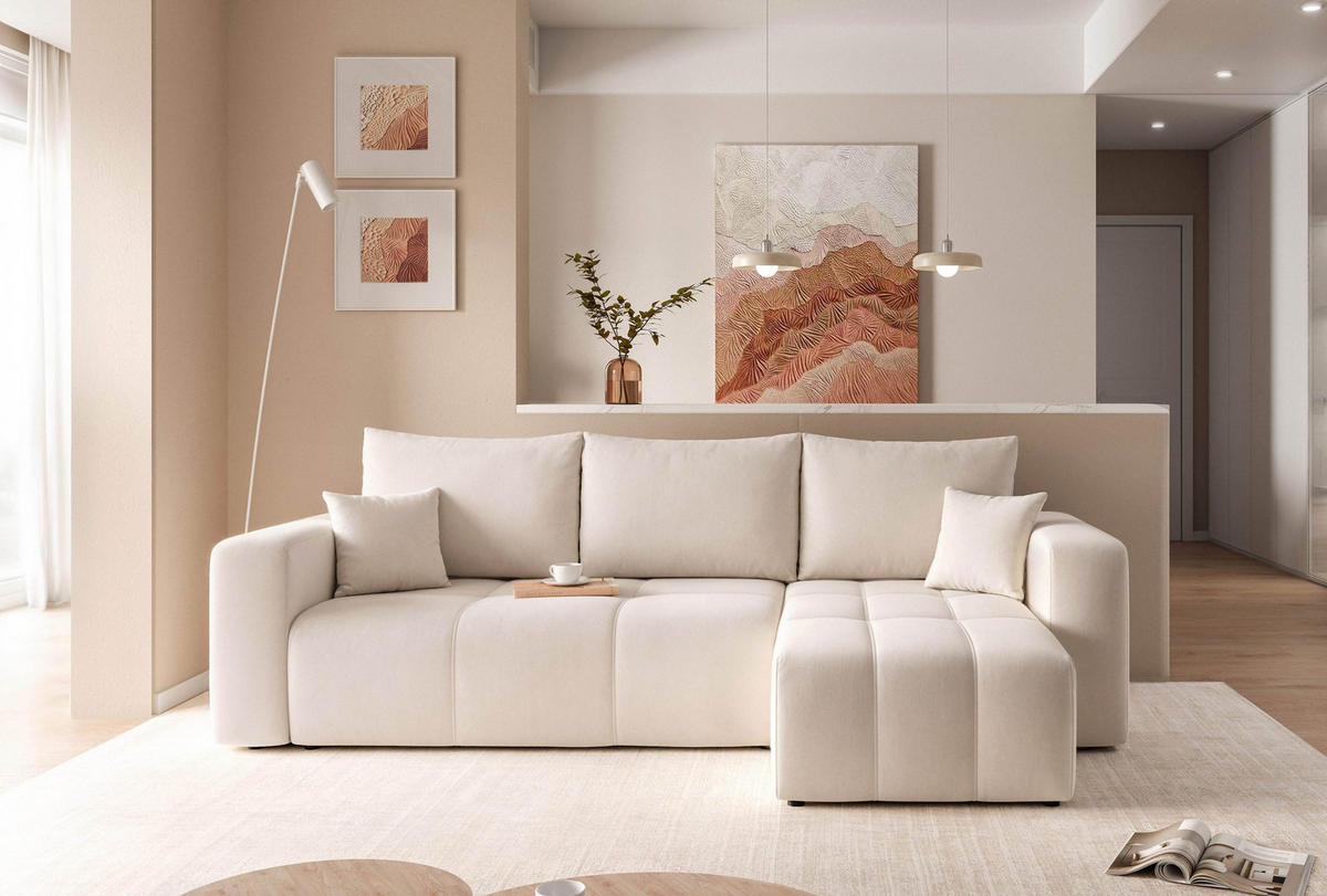 ECKSOFA Creme Velours mit Bettkasten und Schlaffunktion - Creme, Textil (248/145cm) - Idohome