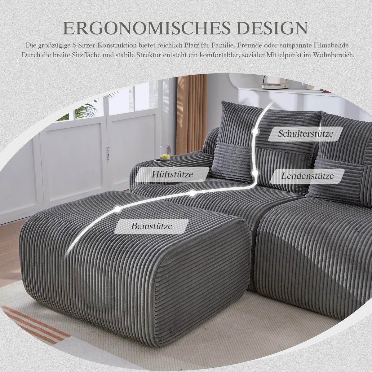 WOHNLANDSCHAFT Modulares 4-Sitzer Sofa 333/174/80 cm dunkelgrau aus Cord mit Getränkehalter und Aufbewahrungstasche - Dunkelgrau, Textil (174/80/333cm) - Modenvie