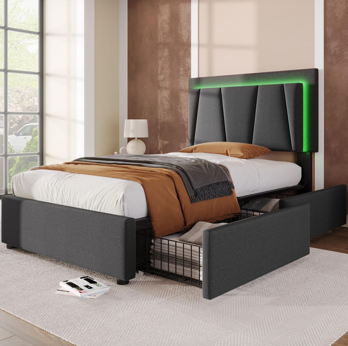 BETT mit LED und 2 Schubladen 90x200 cm Grau - Grau, Holz (90/200cm) - Meubliv