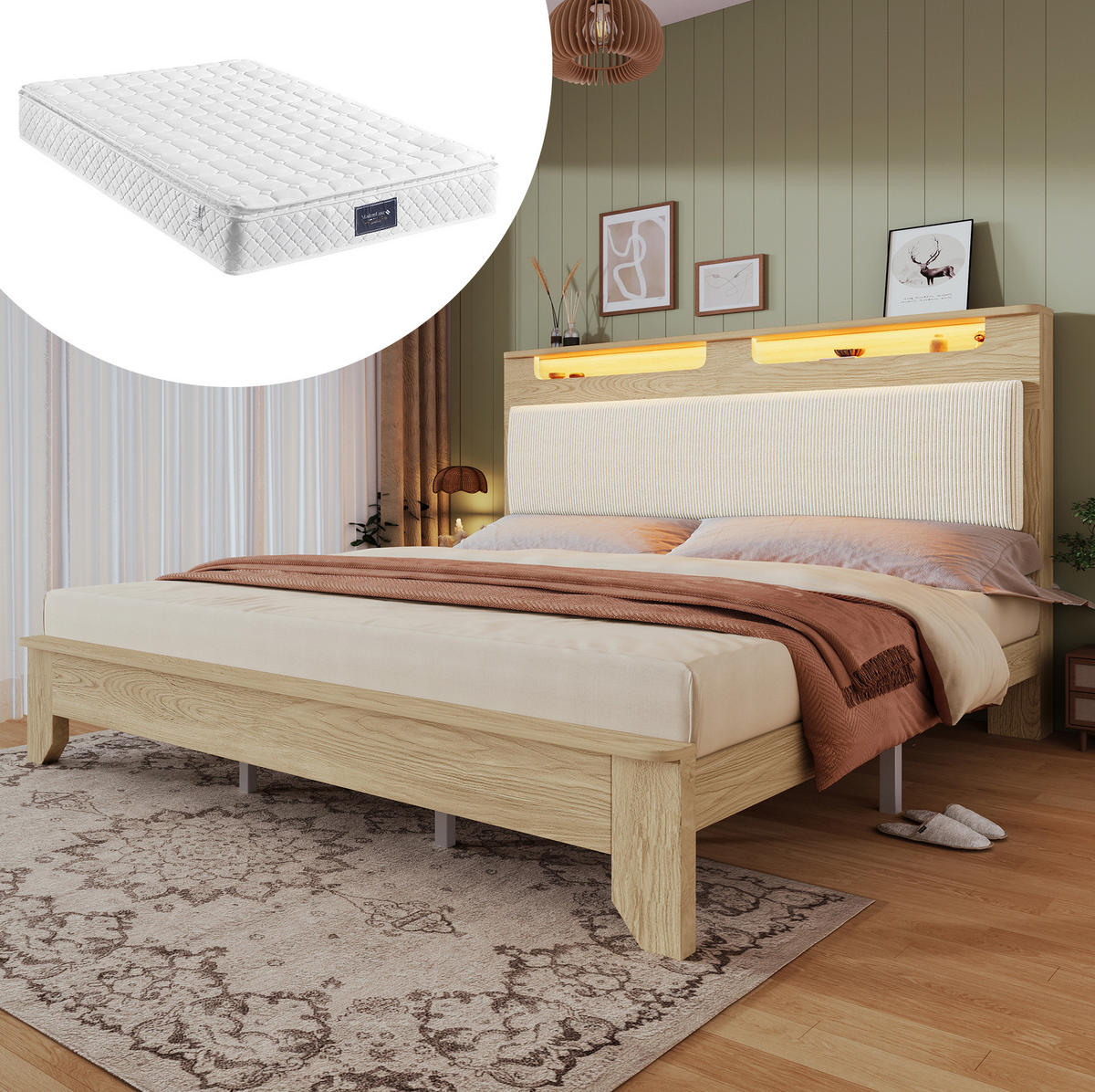 POLSTERBETT 160/200 cm mit LED-Beleuchtung und gepolstertem Kopfteil in Beige - Beige, Textil (160/200cm) - BEAOK