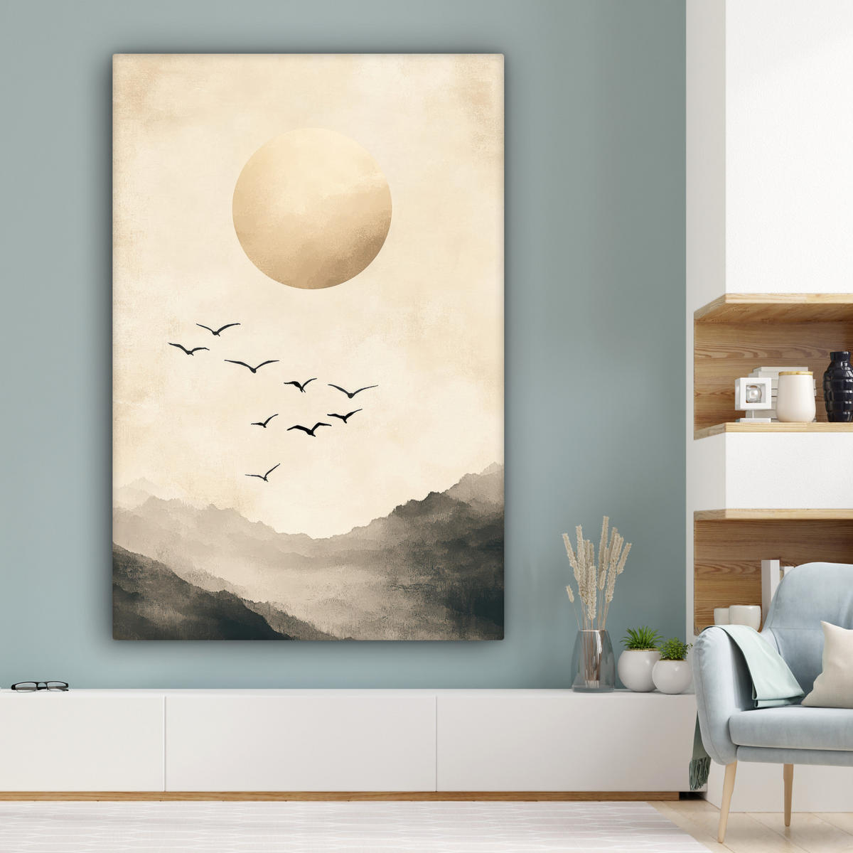 LEINWANDBILD Landschaft - Japandi - Vogel 90x140 cm - Beige, Textil (90/140cm) - MuchoWow