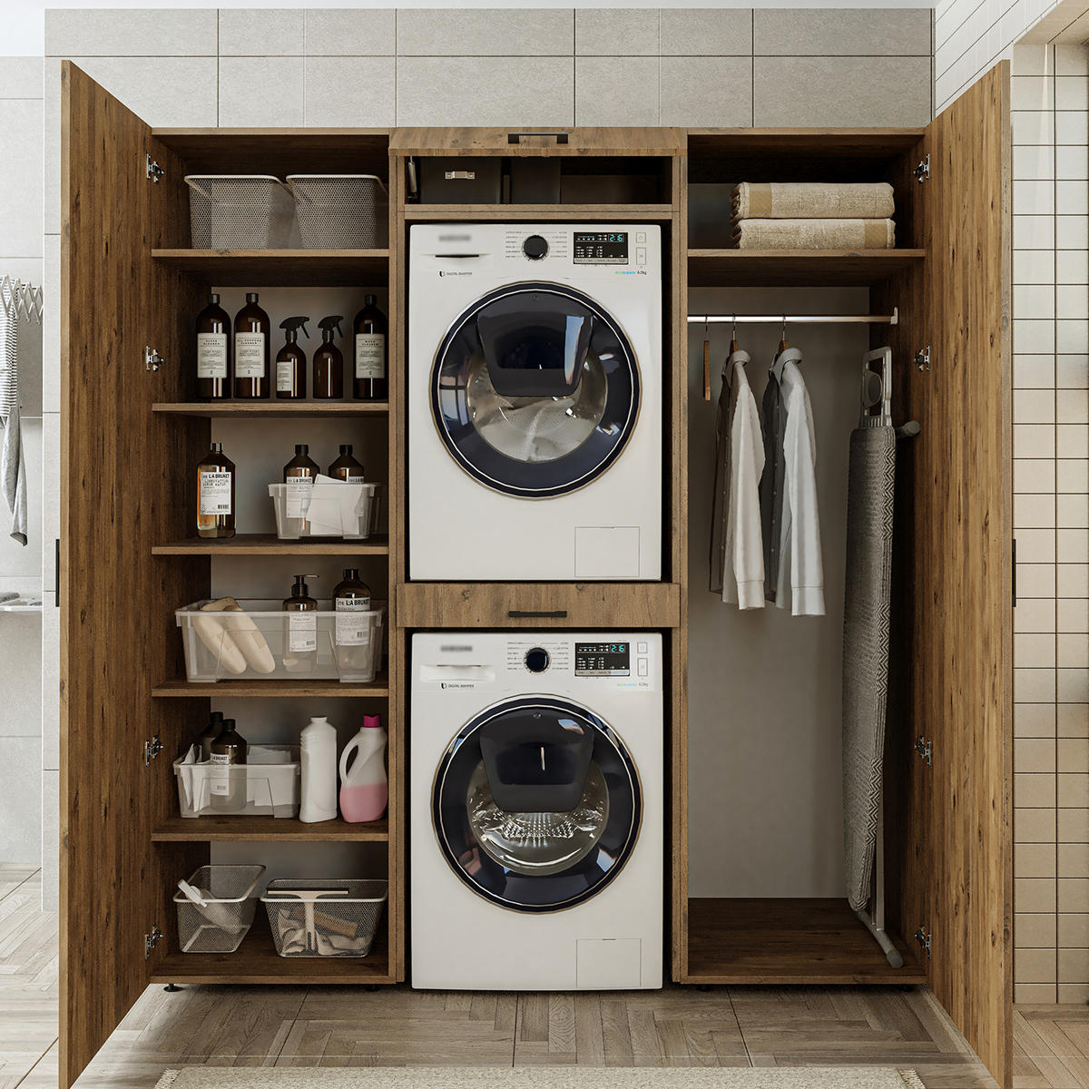 WASCHMASCHINENSCHRANK DUO-I 187cm Breit, 205cm Hoch - Eichefarben, Holzwerkstoff (187/205/67cm)