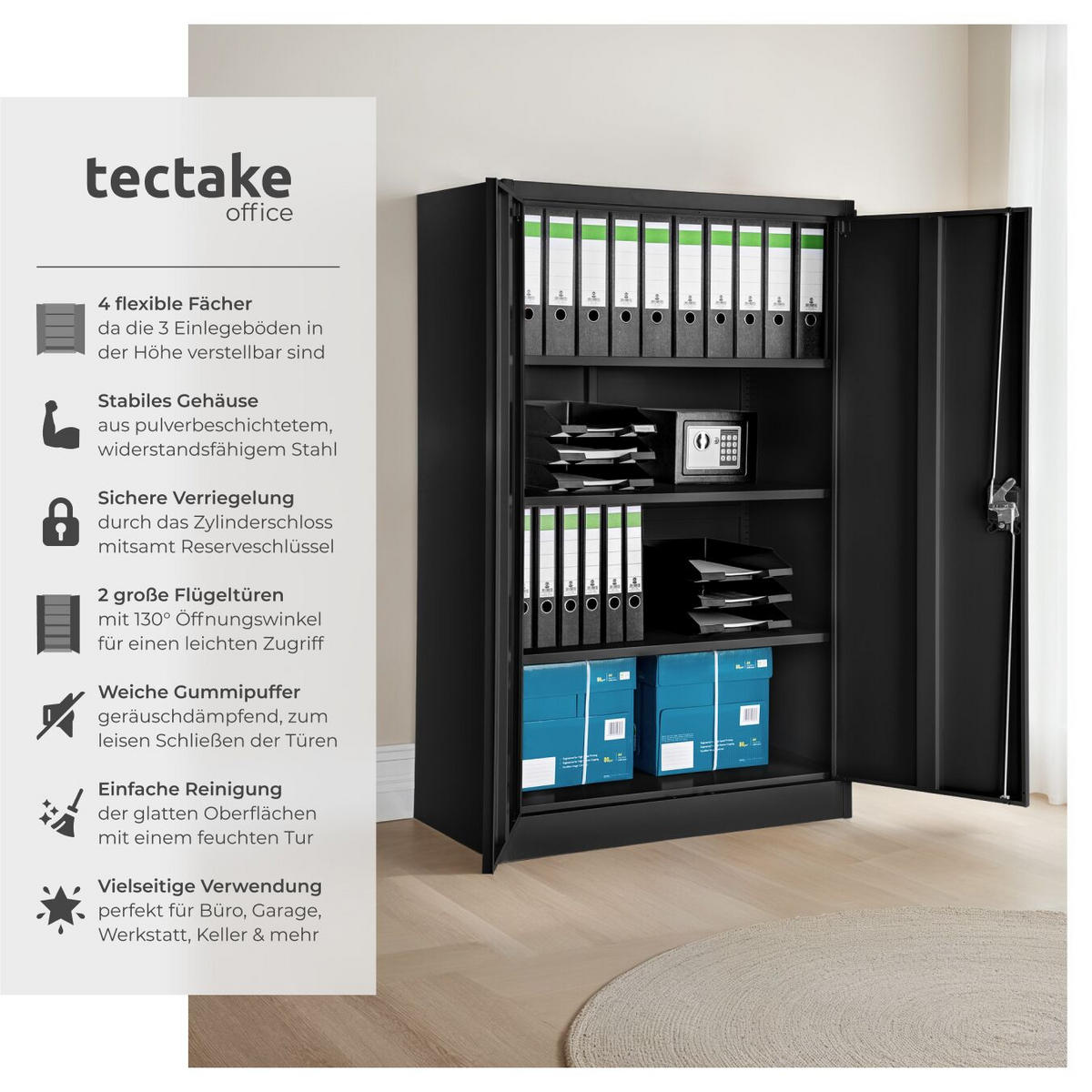 AKTENSCHRANK ,140 x 90 x 40 cm,schwarz - Schwarz, Metall (90/140/40cm) - tectake