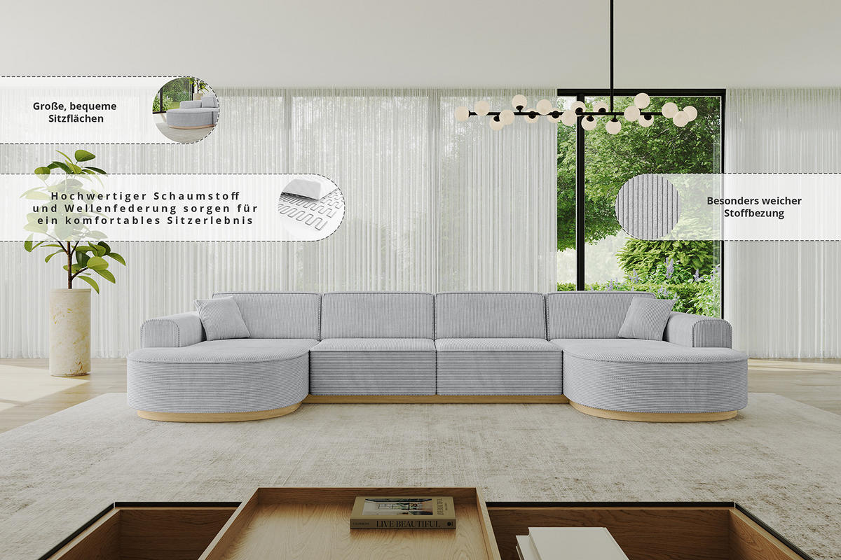 WOHNLANDSCHAFT MARI-U2-v2 - 388x171x83 cm Dunkelgrau Velours - Dunkelgrau, Holzwerkstoff/Textil (388/83/171cm) - ALTDECOR